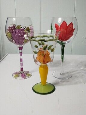 (3) Hand-Painted Floral Wine Glasses – Yellow, Purple, Red